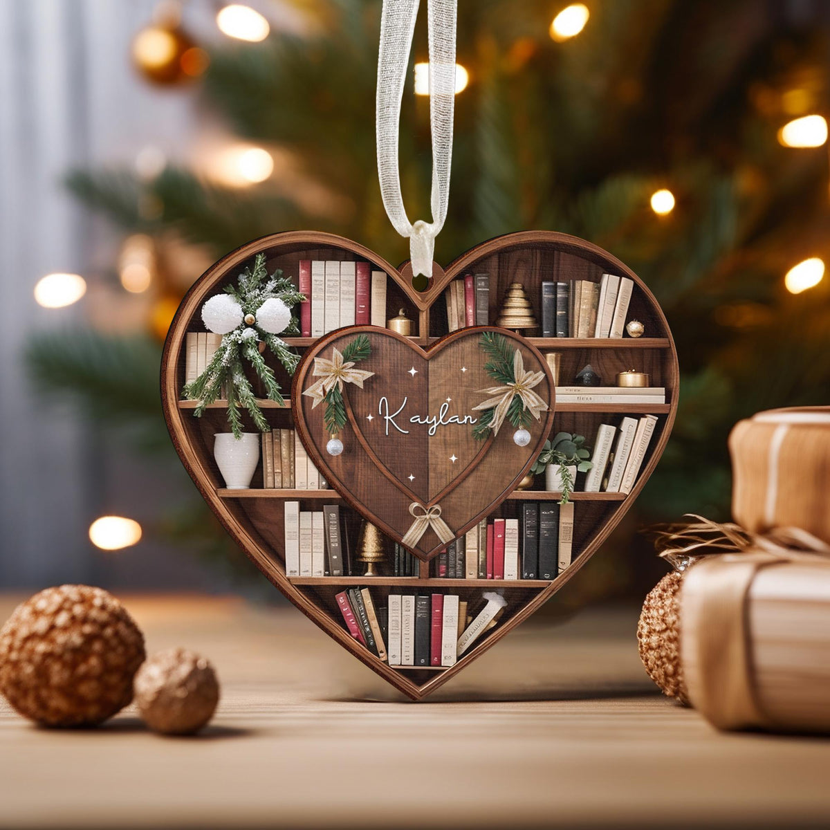 Bookshelf Heart Christmas - Personalized Wood Ornament - Christmas Gift For Book Lovers, Librarian