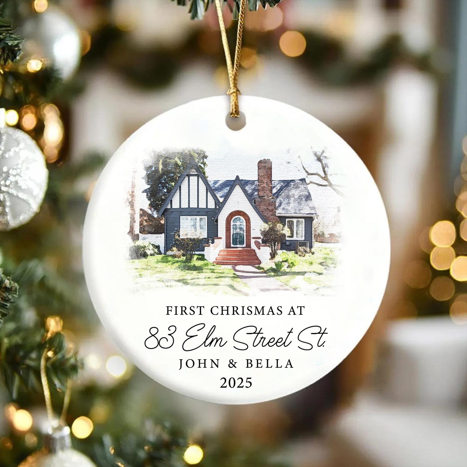 Custom Photo Watercolor New Home - Personalized Circle Ceramic Ornament - Christmas Gift For Family, Housewarming Gift