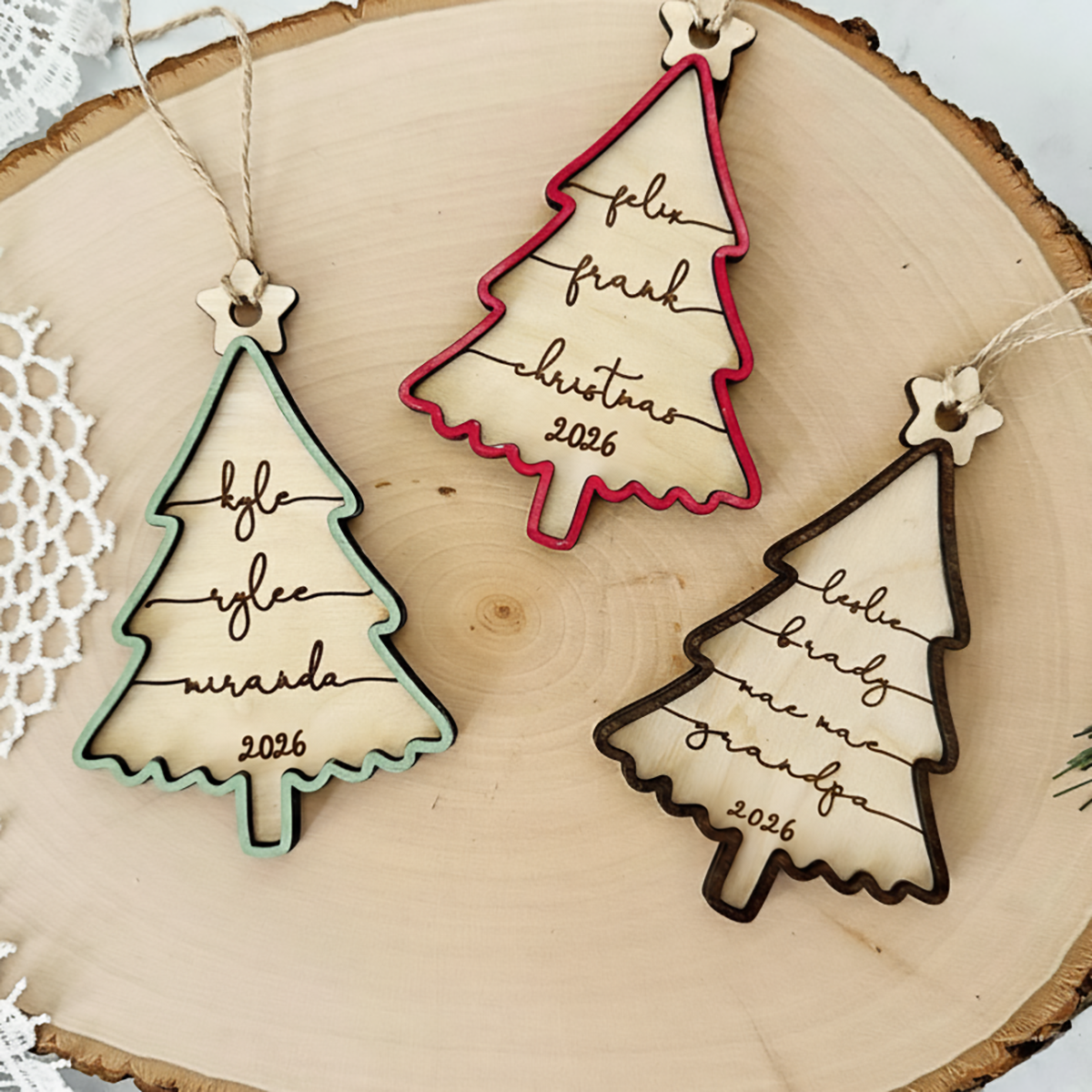 Family Christmas Tree - Personalized Custom 2-layered Wood Ornament - Christmas Gift for Family Members