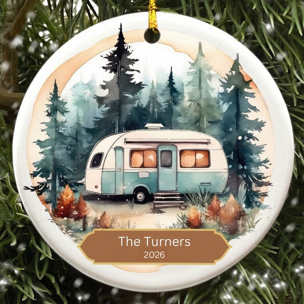 Custom Photo RV Travel Trailer Camping personalized circle ceramic ornament, main view