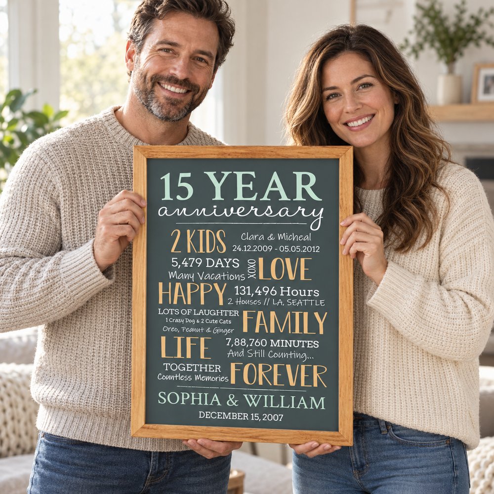 Happy couple holding their personalized 15 year milestone anniversary framed wall art