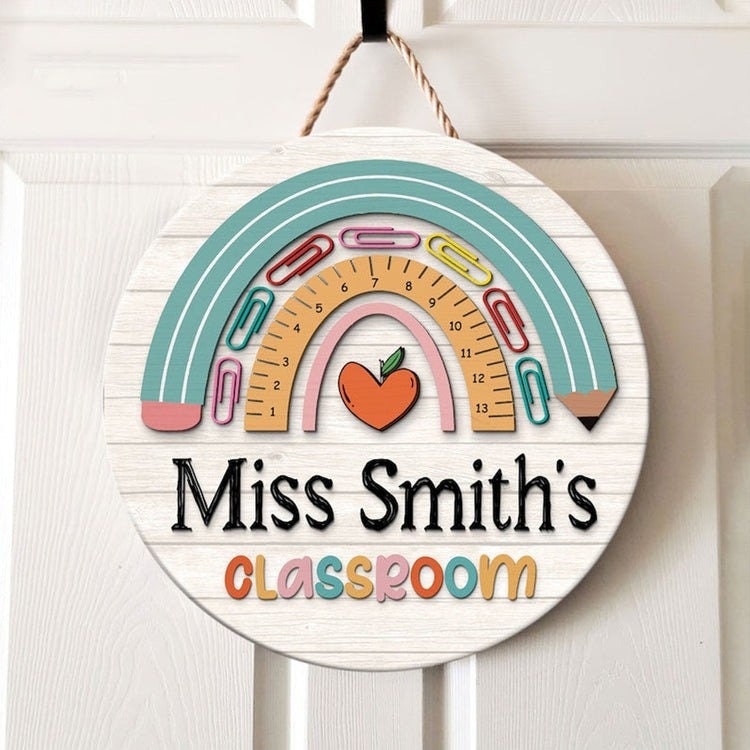 Personalized Rainbow Teacher Door Sign round wood sign, main view
