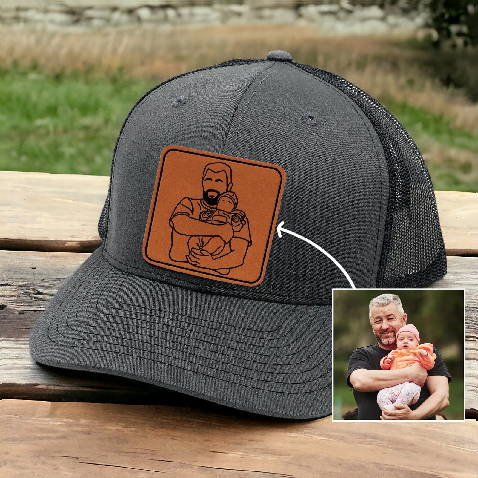 Custom Photo Outline Portrait - Personalized Leather Patch Hat - Father's Day Gift for Him, Husband, Daddy