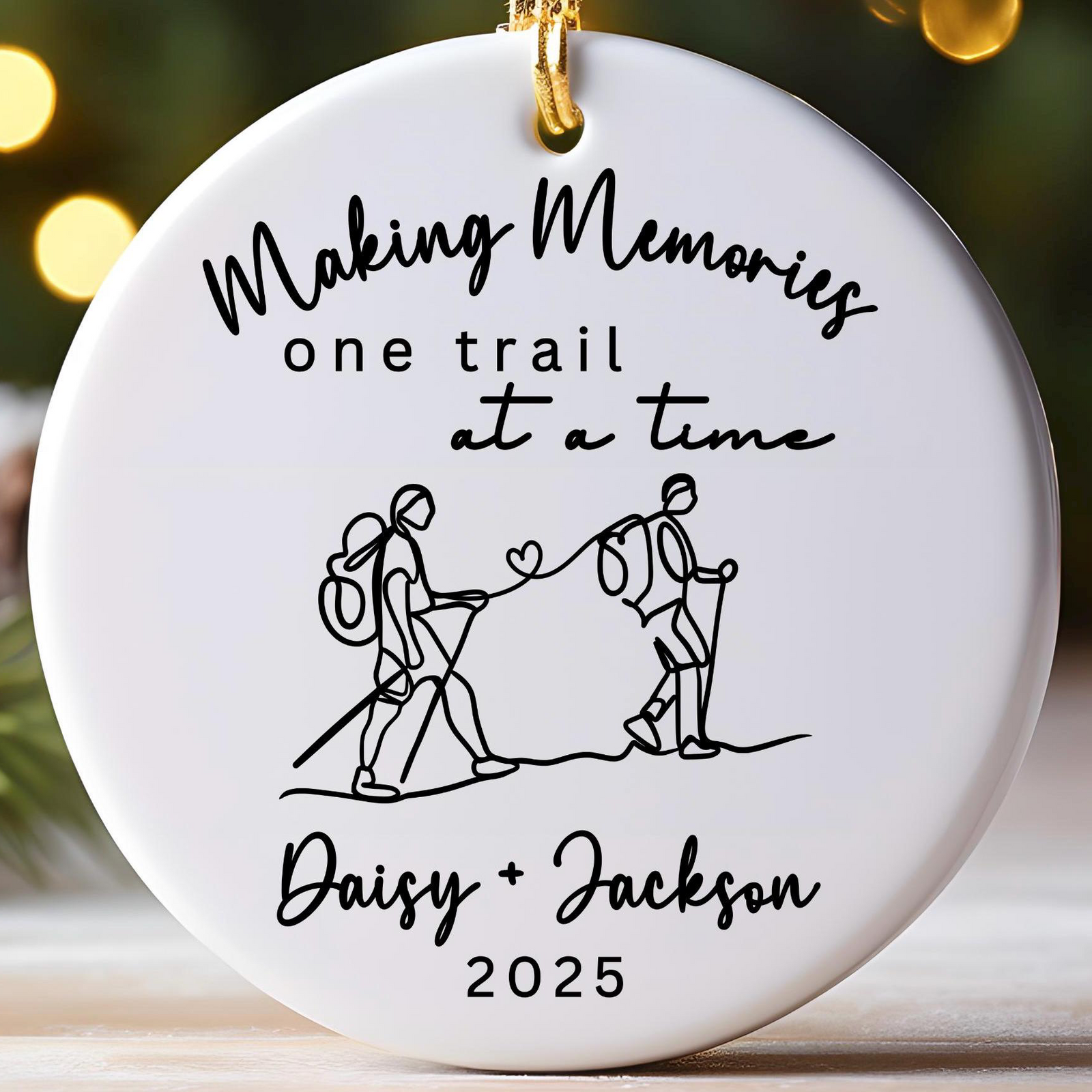 Making Memories On Trail At A Time Hiking - Personalized Circle Ceramic Ornament - Christmas Gift For Hiker, Hiking Lovers