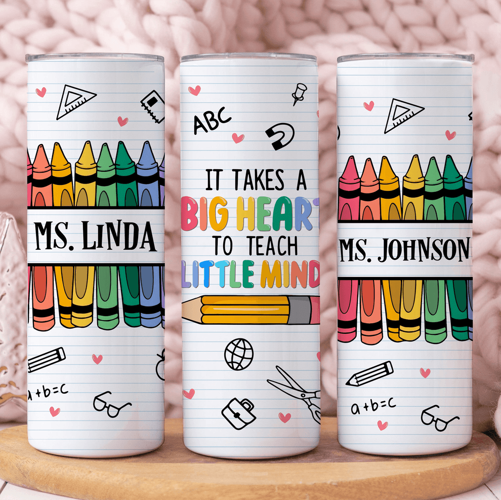 It Takes A Big Heart to Teach Little Minds - Personalized Custom 20oz Skinny Tumbler Cup - Personalized Custom Youth T Shirt - Back To School/ First Day Of School, Loving, Funny Gift for Teacher, Kindergarten, Preschool, Pre K, Paraprofessional - Suzitee Store