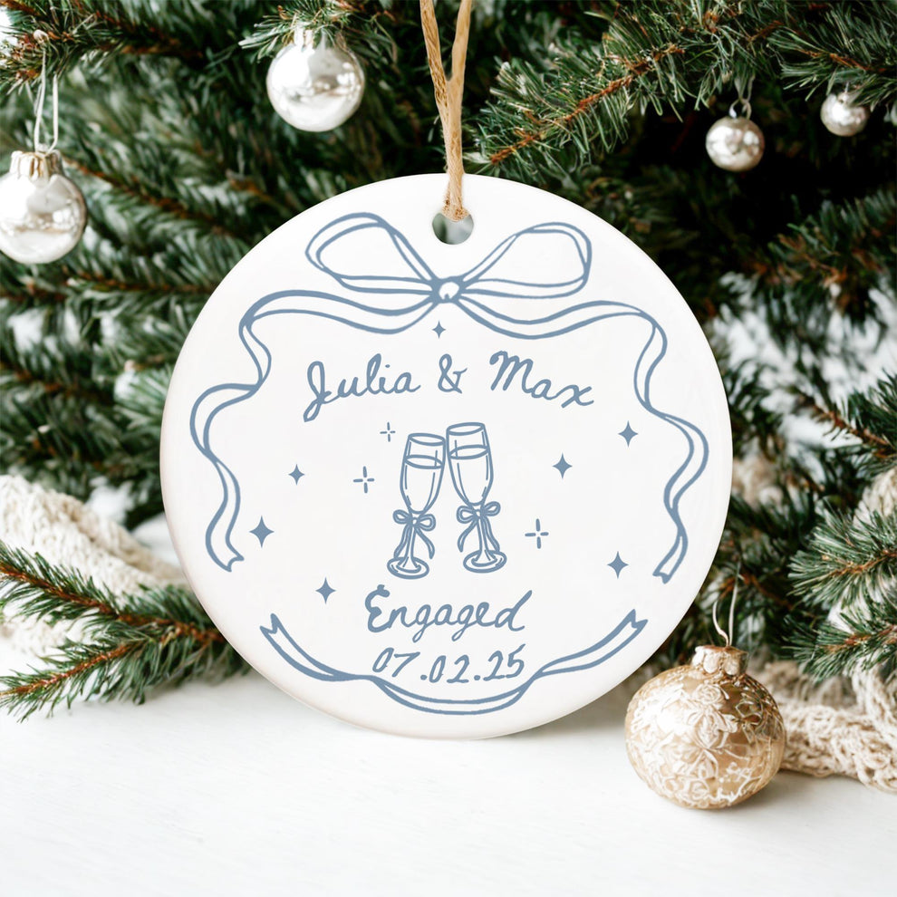Personalized Engagement Couple circle ceramic ornament, main view