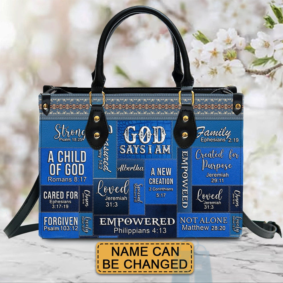 Personalized God Says I Am Leather Handbag Blue, front view with name options