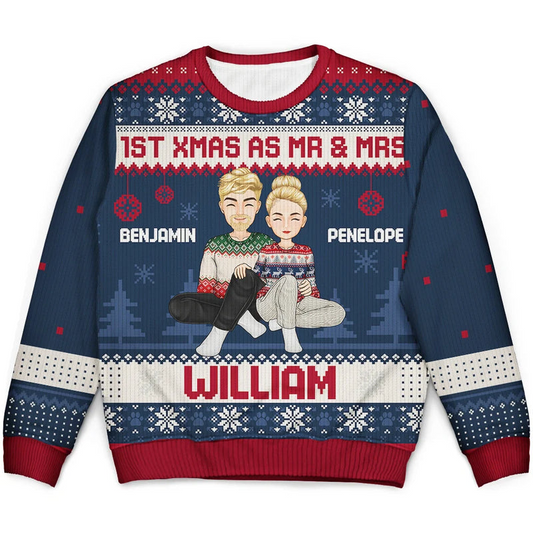 1st Xmas As Mr & Mrs Cartoon Couple - Personalized Custom Ugly Sweater - Gift For Couple, Husband, Wife