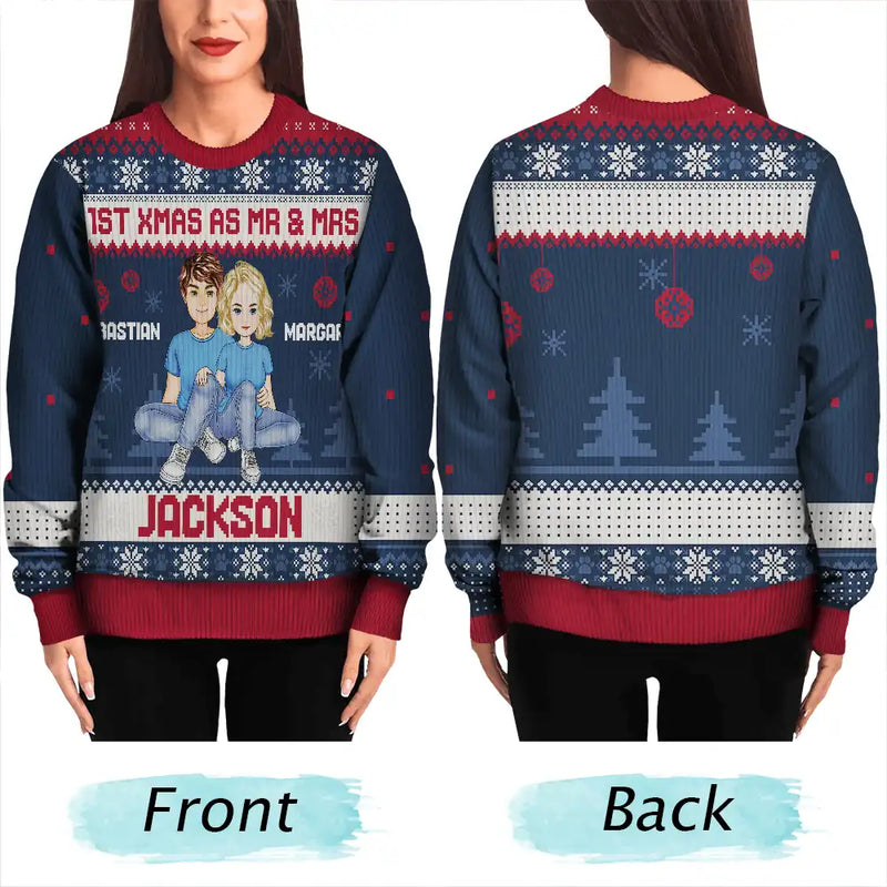 1st Xmas As Mr & Mrs Cartoon Couple - Personalized Custom Ugly Sweater - Gift For Couple, Husband, Wife