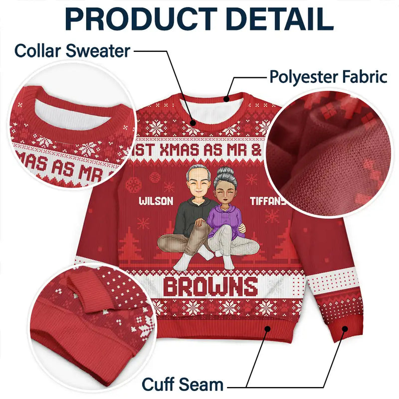 1st Xmas As Mr & Mrs Cartoon Couple - Personalized Custom Ugly Sweater - Gift For Couple, Husband, Wife