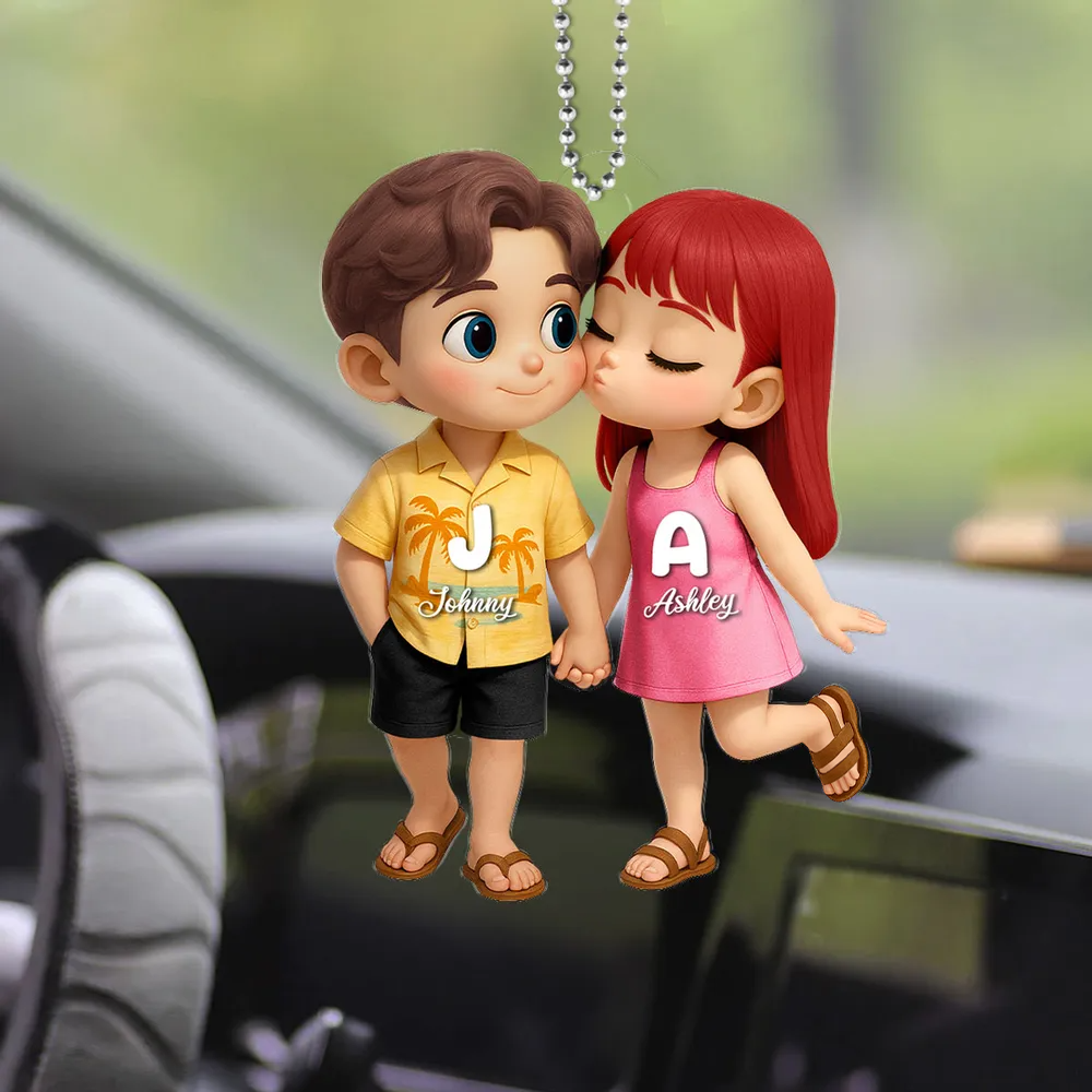 Cute Cartoon Couple Summer Vibe - Personalized Acrylic Car Hanger - Gift For Couple, Anniversary, Valentine, Engagement