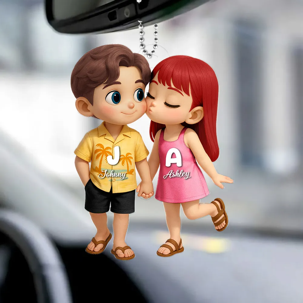 Cute Cartoon Couple Summer Vibe - Personalized Acrylic Car Hanger - Gift For Couple, Anniversary, Valentine, Engagement