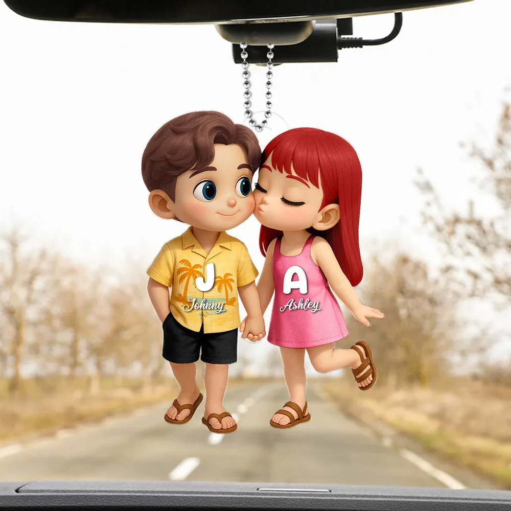 Cute Cartoon Couple Summer Vibe - Personalized Acrylic Car Hanger - Gift For Couple, Anniversary, Valentine, Engagement