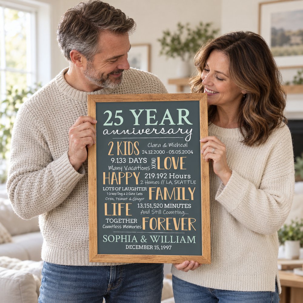 Married couple holding their personalized 25 year milestone anniversary framed print