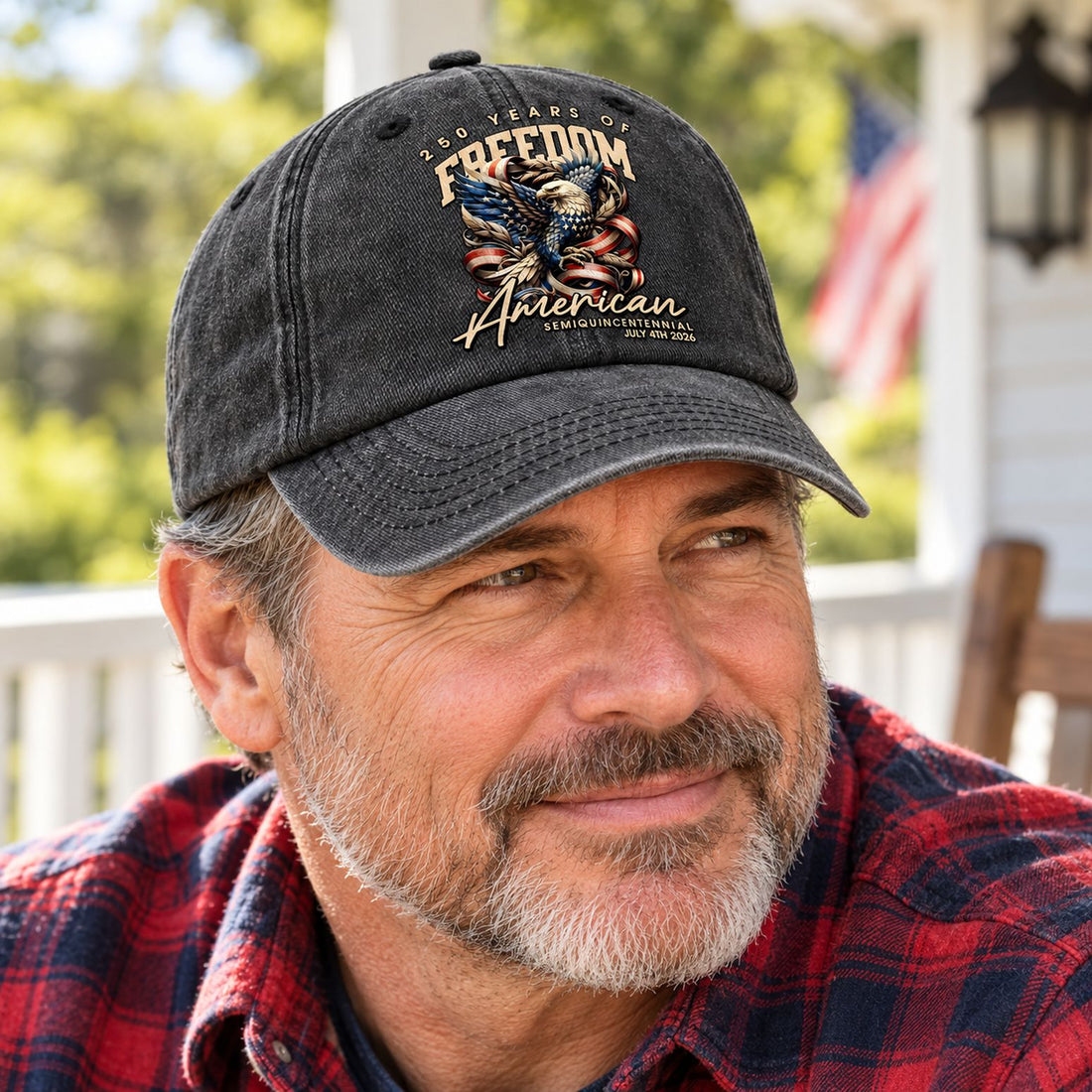 Dad wearing 250 Years Of Freedom vintage washed denim cap outdoors in natural daylight