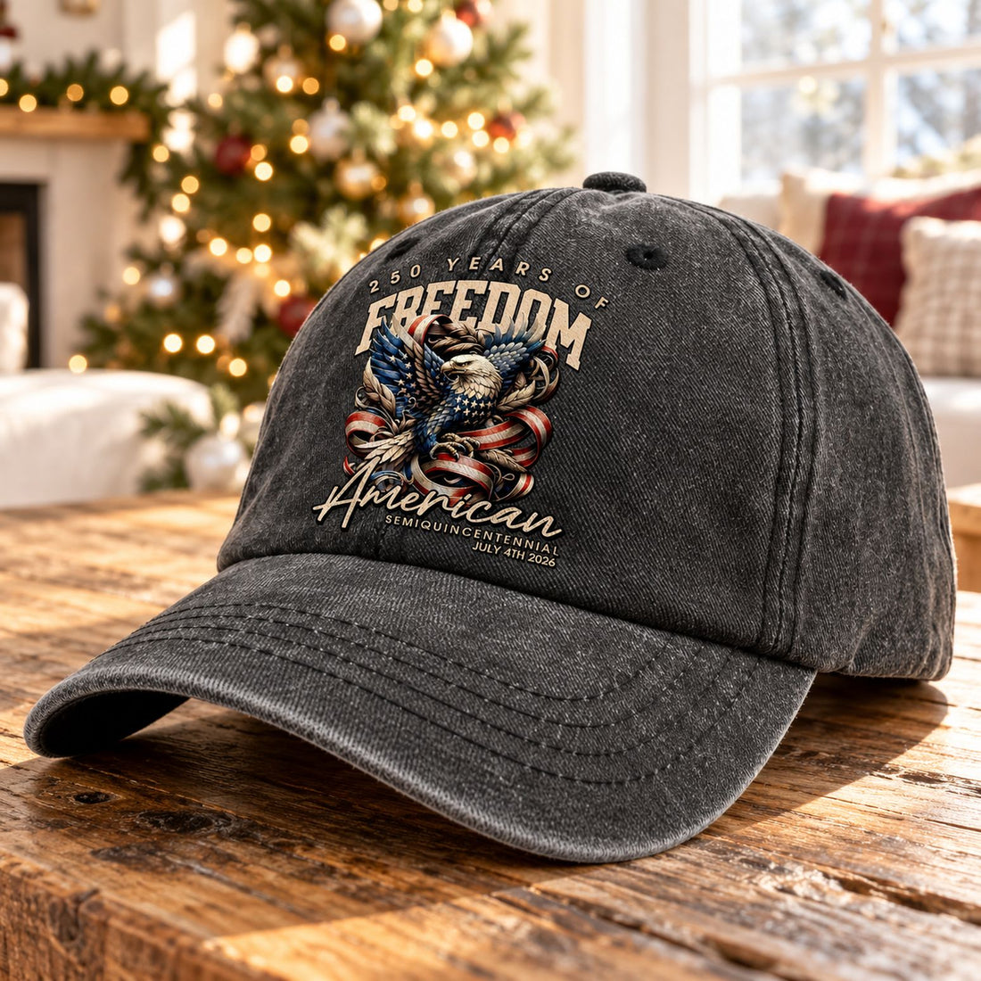 America 250th anniversary washed denim cap on wooden table near holiday Christmas tree
