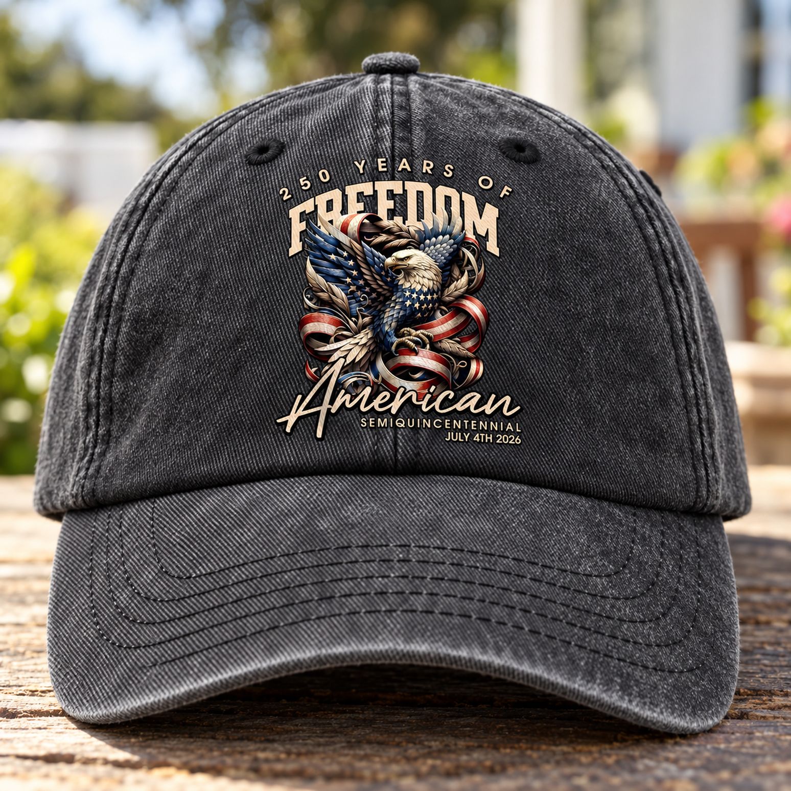 Close-up detail of 250 Years Of Freedom print and washed denim texture on cap