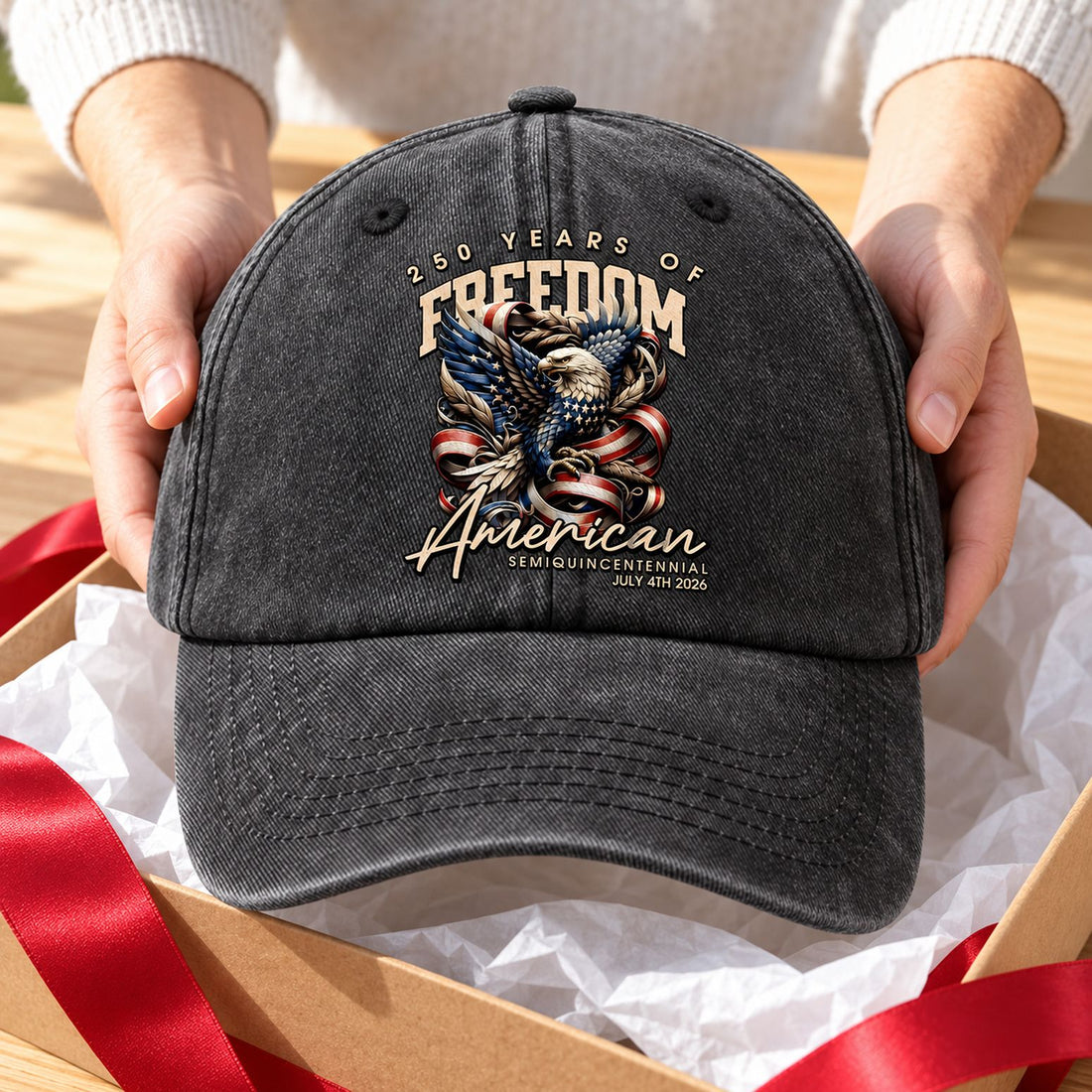 Unwrapping America 250th anniversary vintage washed denim cap from holiday gift box
