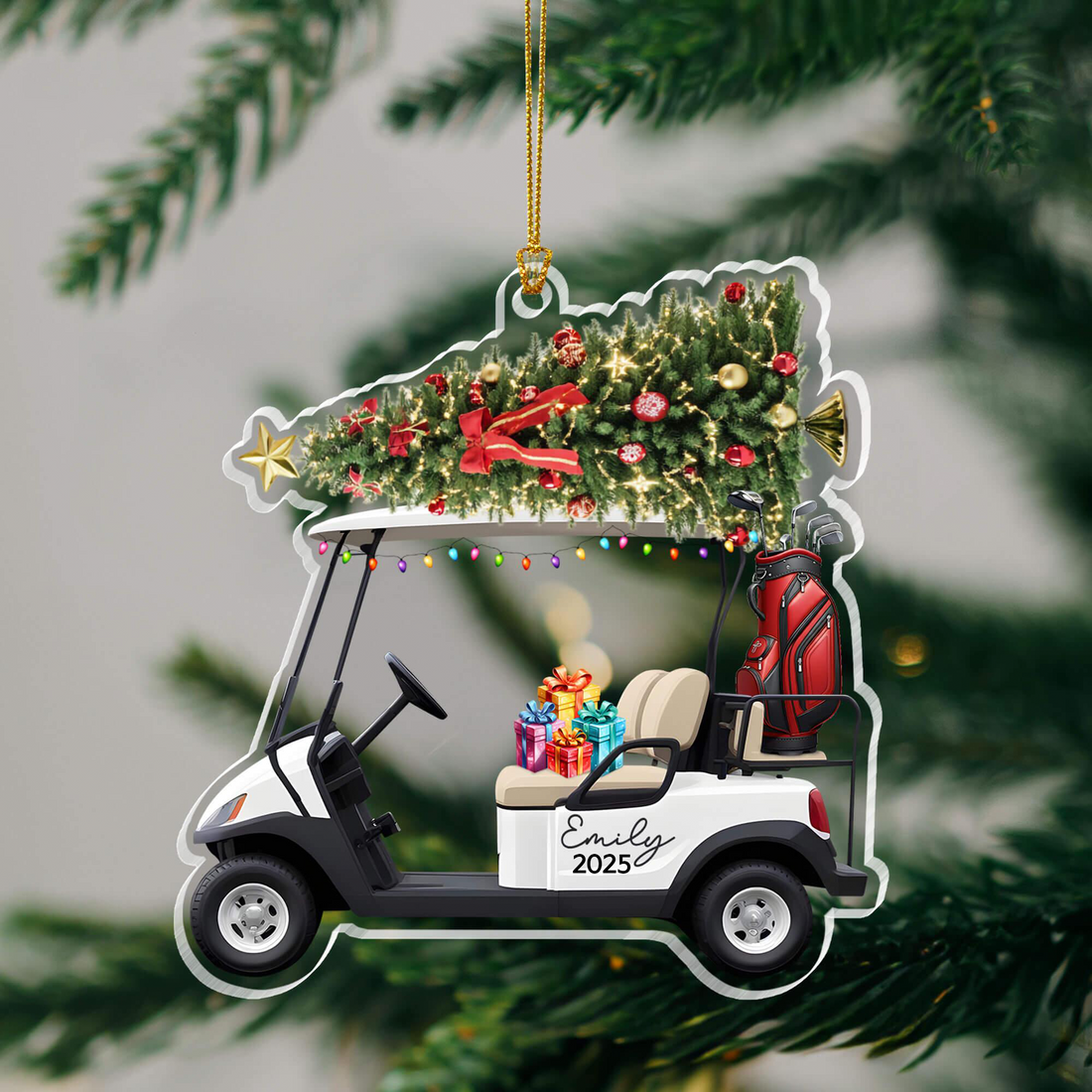 Golf Cart Christmas custom shaped acrylic ornament, alternate view 2