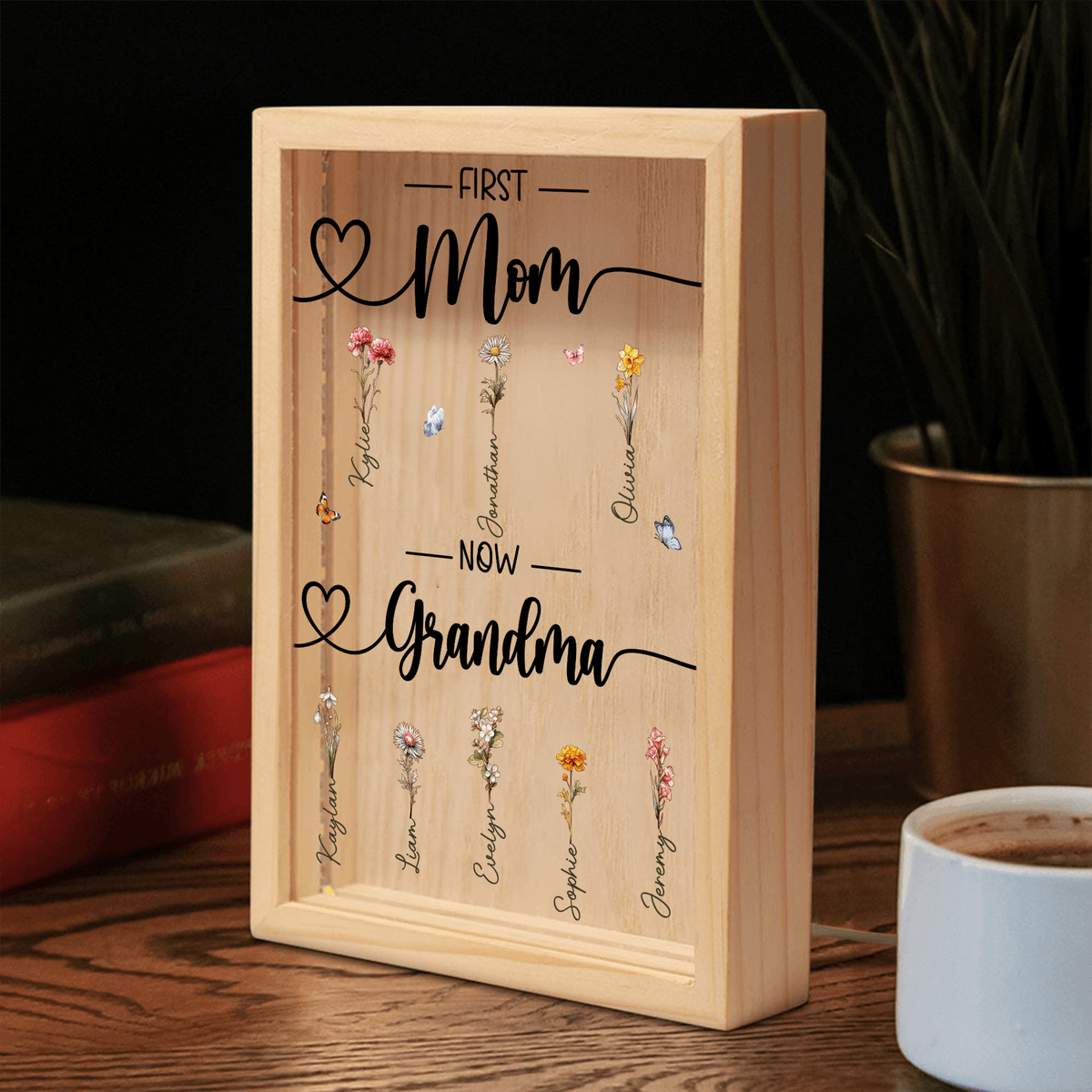 Custom Birth Month Flower First Mom Now Grandma - Personalized Frame Light Box - LED Night Lamp, Mother's Day, Birthday, Loving, Funny Keepsakes/Gift for Grandma/Nana/Mimi, Mom, Wife, Grandparent - Suzitee Store