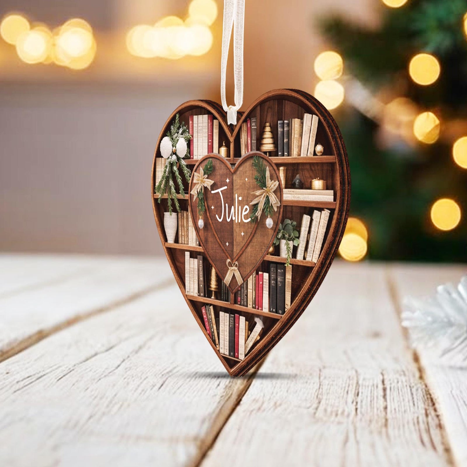 Bookshelf Heart Christmas - Personalized Wood Ornament - Christmas Gift For Book Lovers, Librarian