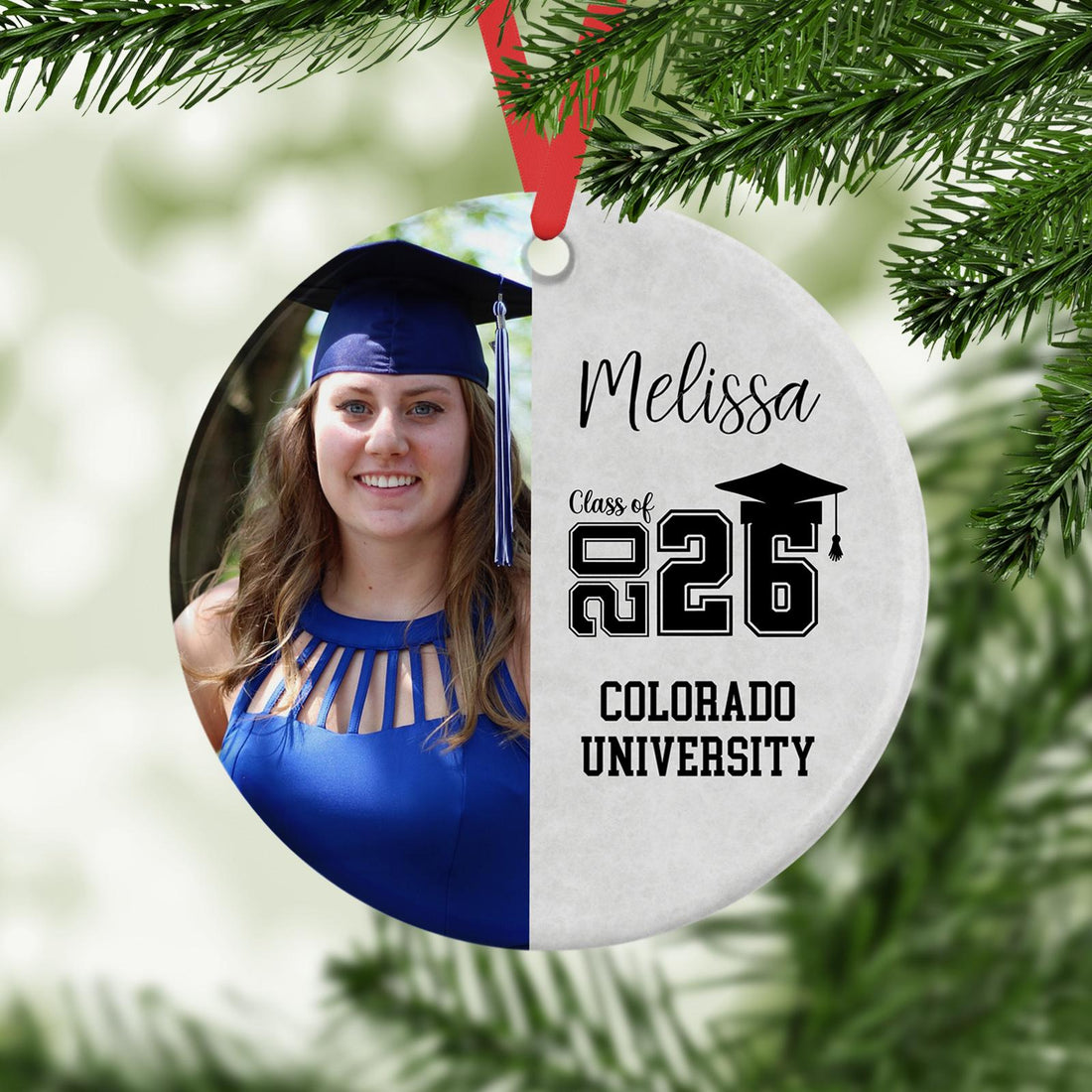Custom Photo Senior Keepsake Ornament personalized circle ceramic ornament, alternate view 3