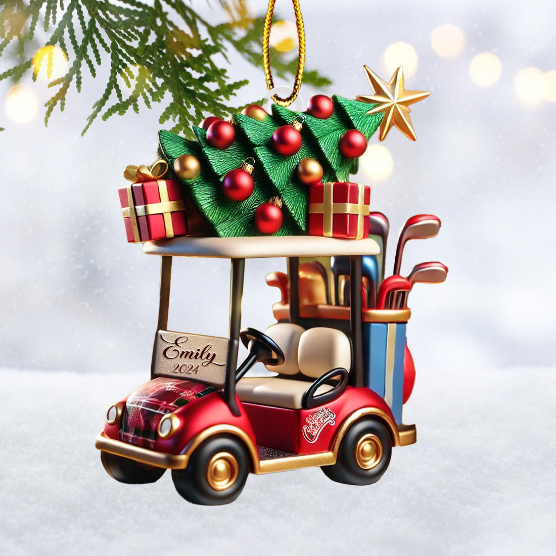 Golf Cart Santa Christmas custom shaped acrylic ornament, alternate view 2