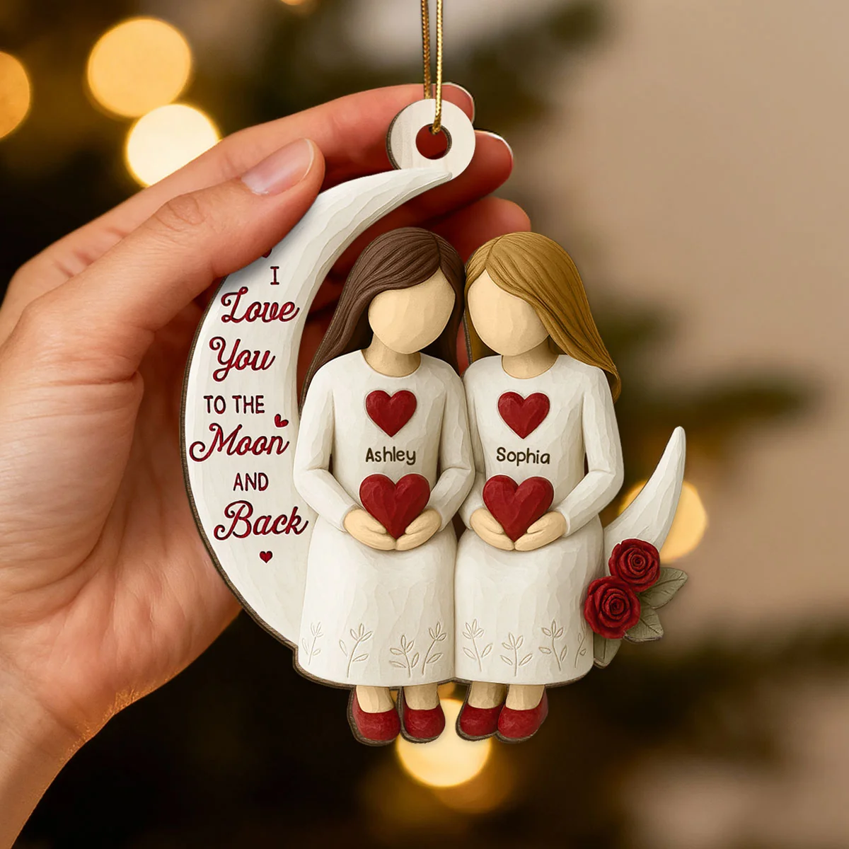 3D Effect Roses Besties On Moon - Personalized Wood Ornament - Christmas Gift For Her, Besties, Friends, Sisters