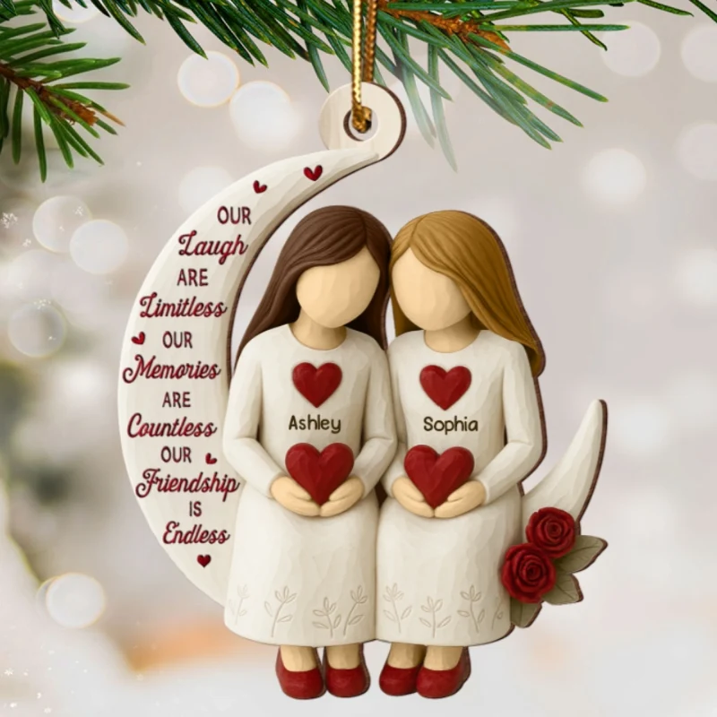 3D Effect Roses Besties On Moon - Personalized Wood Ornament - Christmas Gift For Her, Besties, Friends, Sisters