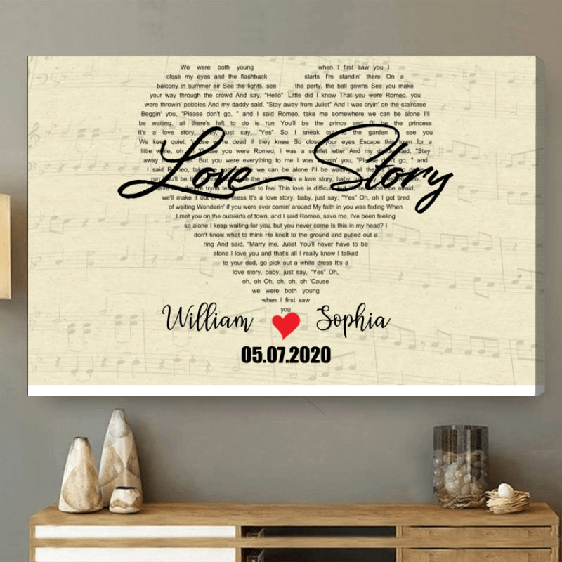 Custom Heart Shaped Song Lyrics - Personalized Poster/Canvas Print - Gift For Her/Him, Husband/Wife, Couples on Anniversary, Valentine's Day