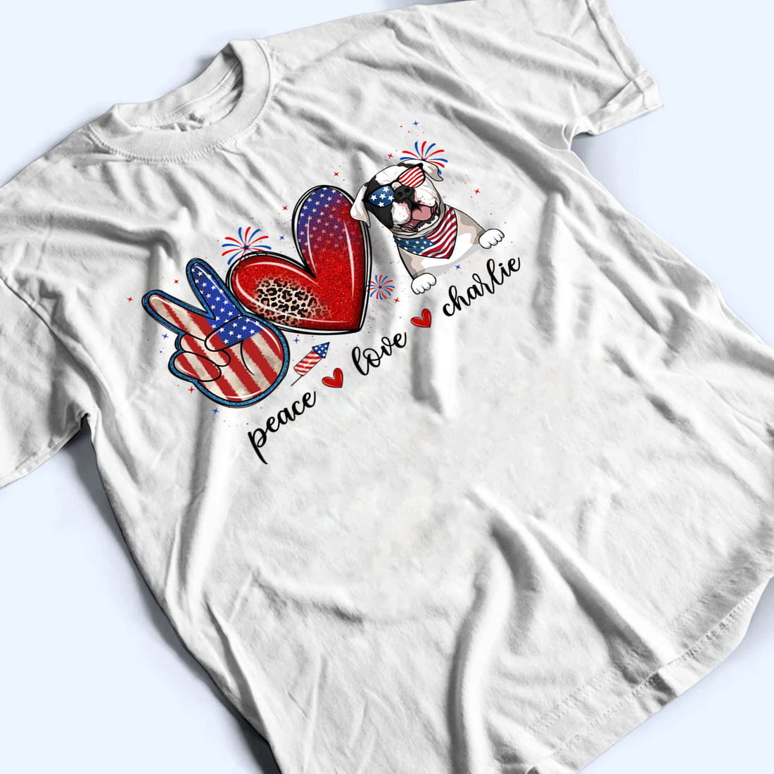 Peace Love Dogs USA Flag Pattern personalized t-shirt, alternate view 3