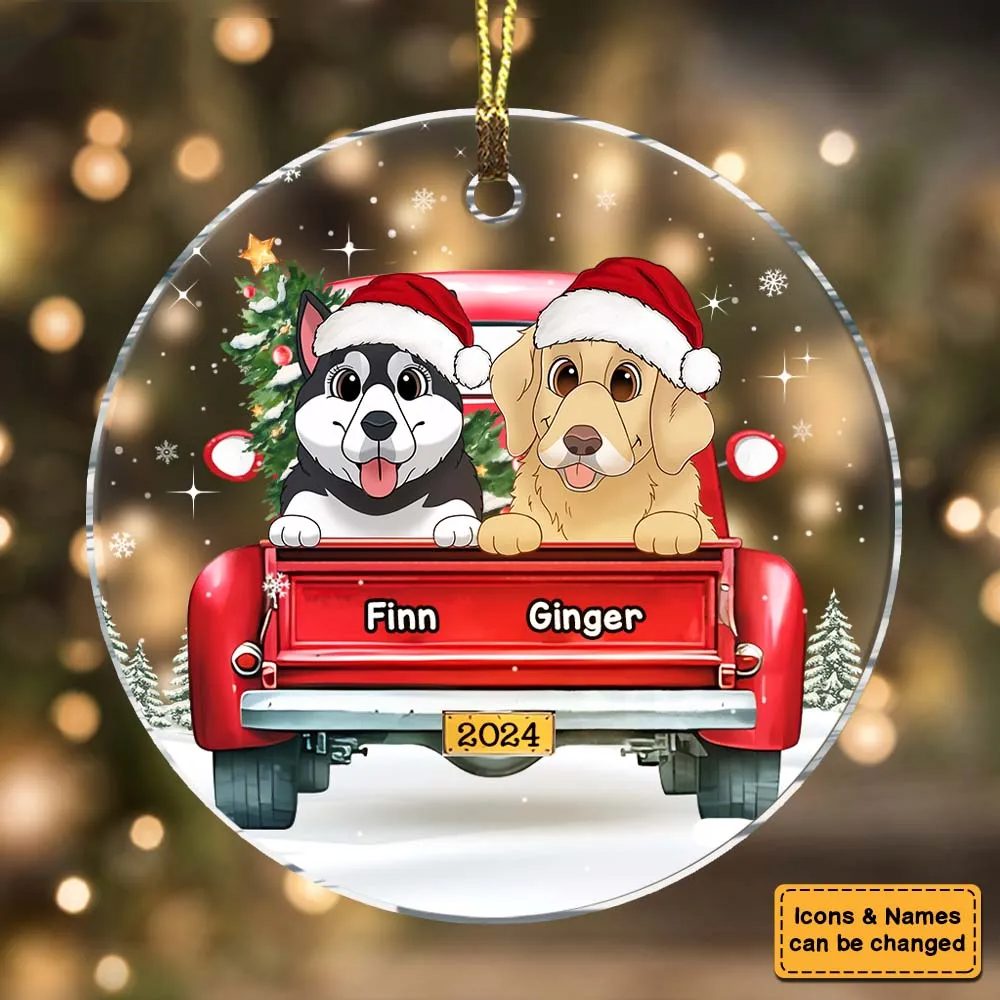 Personalized Dog Lovers Red Truck On The Snow circle acrylic ornament, alternate view 3