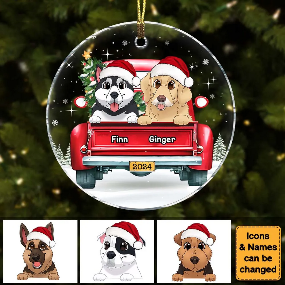 Personalized Dog Lovers Red Truck On The Snow circle acrylic ornament, main view
