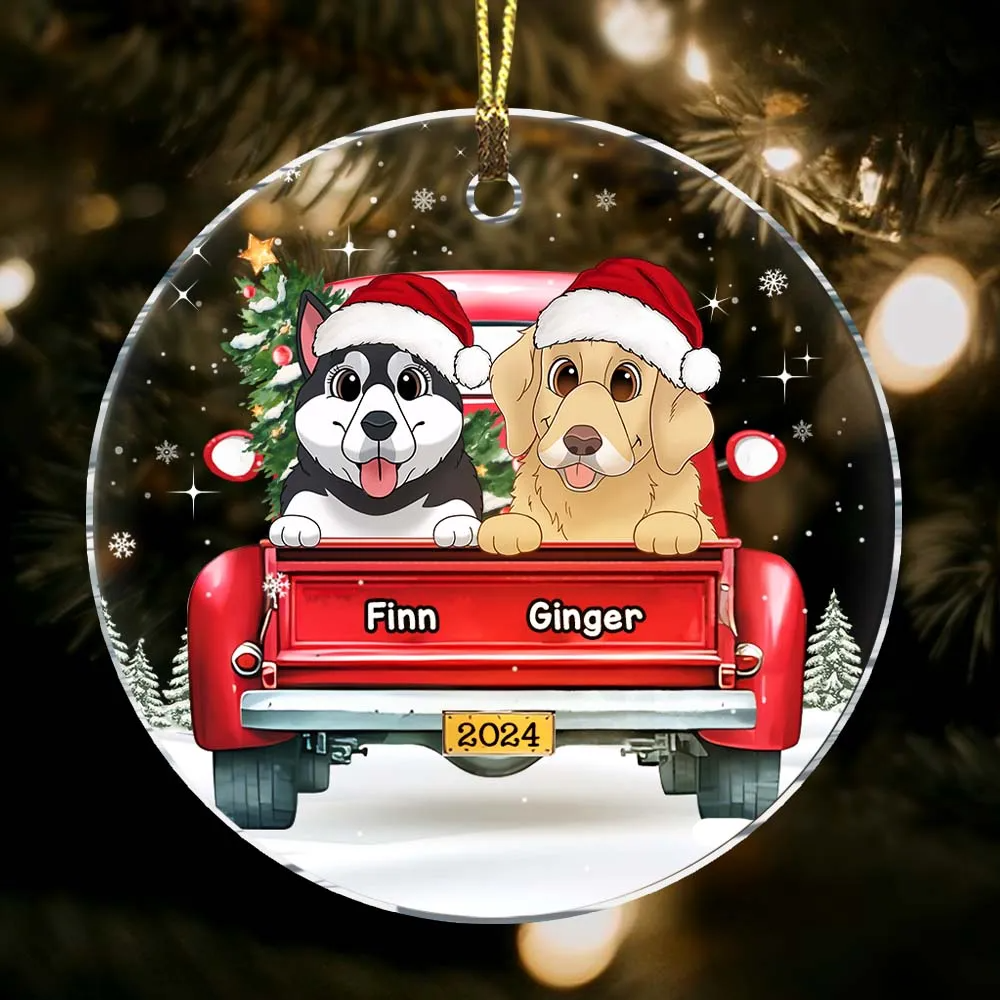 Personalized Dog Lovers Red Truck On The Snow circle acrylic ornament, alternate view 2