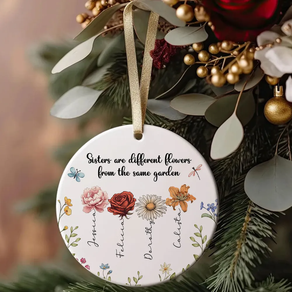 Personalized Sisters Are Different Flowers From The Same Garden circle ceramic ornament, alternate view 5