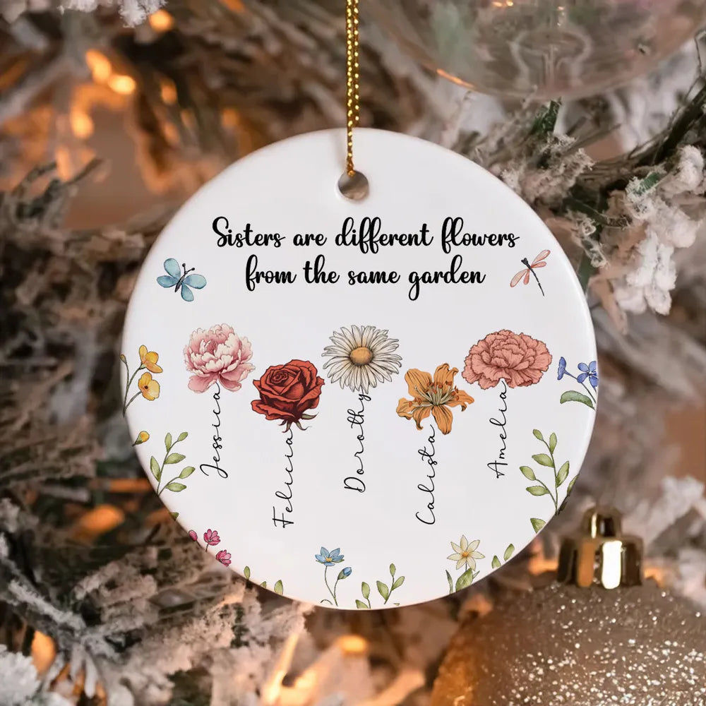 Personalized Sisters Are Different Flowers From The Same Garden circle ceramic ornament, alternate view 2
