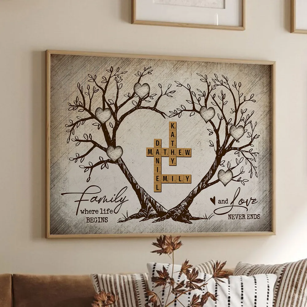 Family Heart Tree Crossword Puzzle - Personalized Horizontal Poster - Gift For Family Members, Mom and Dad