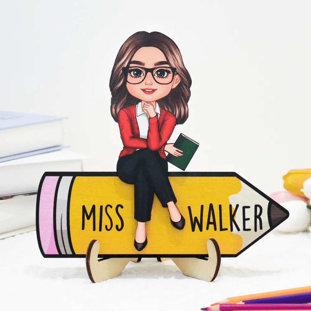 Doll Teacher Sitting On Pencil Personalized Two-Layer Wooden personalized wooden plaque, main view