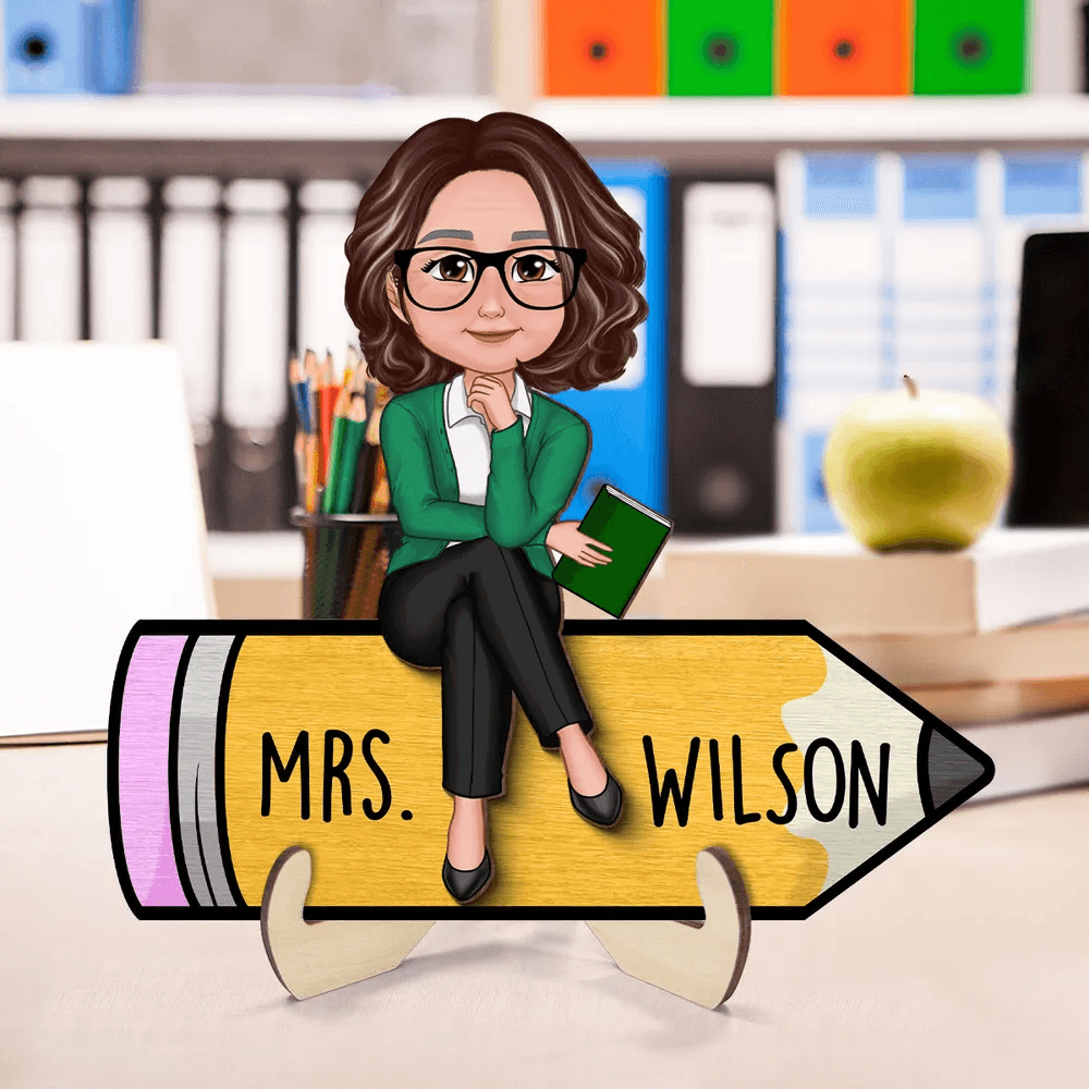 Doll Teacher Sitting On Pencil Personalized Two-Layer Wooden personalized wooden plaque, alternate view 3