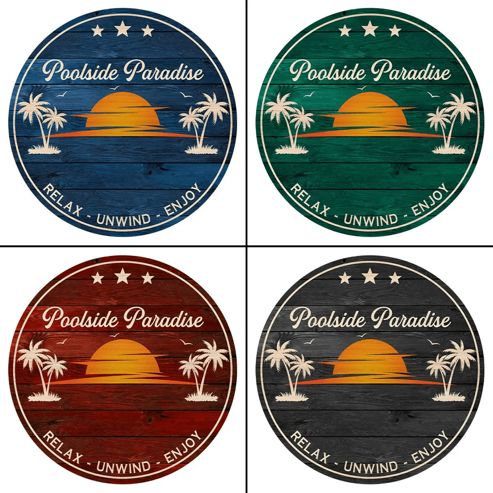 Poolside Paradise Couple Sitting personalized round wood sign, alternate view 7