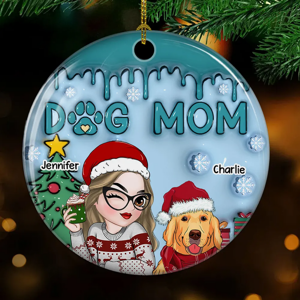 Personalized Lovely Dog Mom circle ceramic ornament, main view