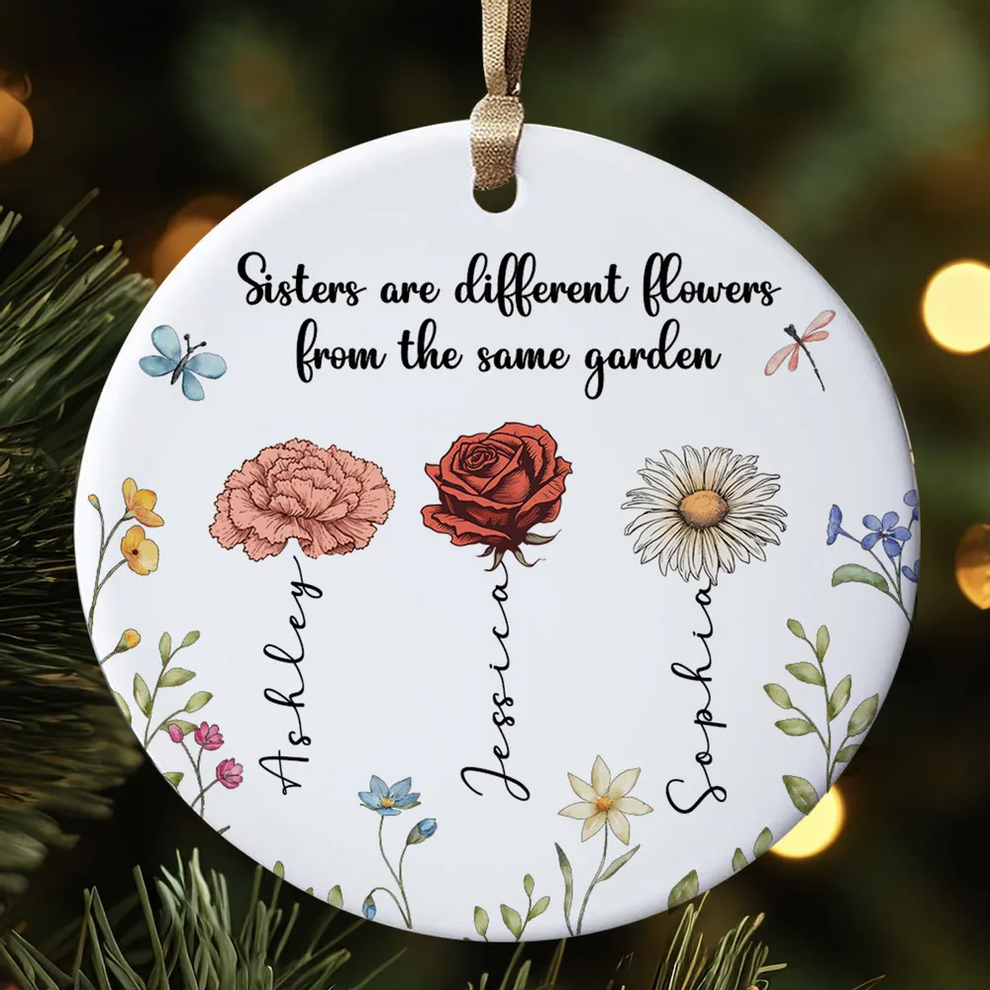 Personalized Sisters Are Different Flowers From The Same Garden circle ceramic ornament, main view