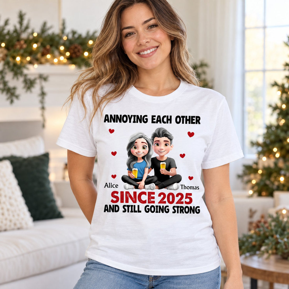 Woman wearing personalized annoying each other couple t-shirt in bright room
