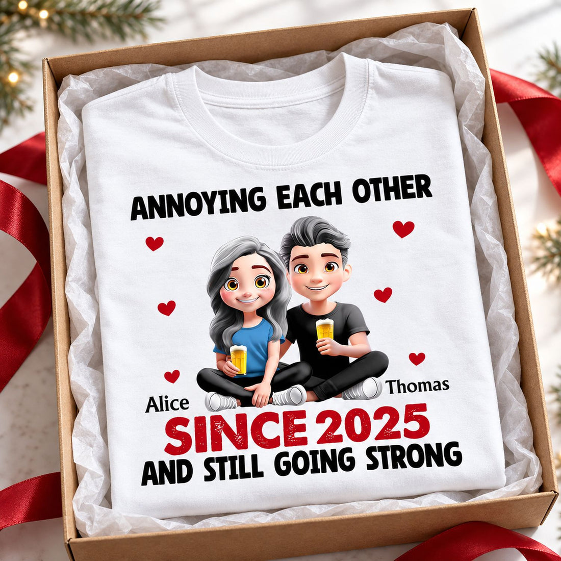 Personalized annoying each other couple shirt folded in a holiday gift box