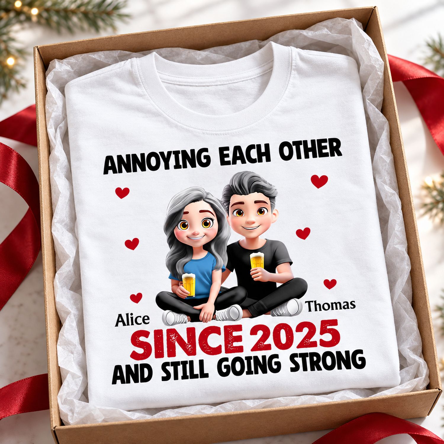 Personalized annoying each other couple shirt folded in a holiday gift box