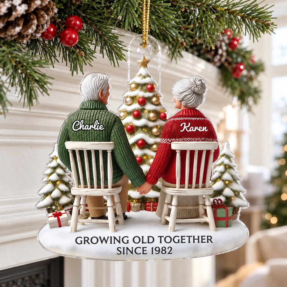Growing Old Together custom shaped acrylic ornament hanging on festive Christmas fireplace mantel garland