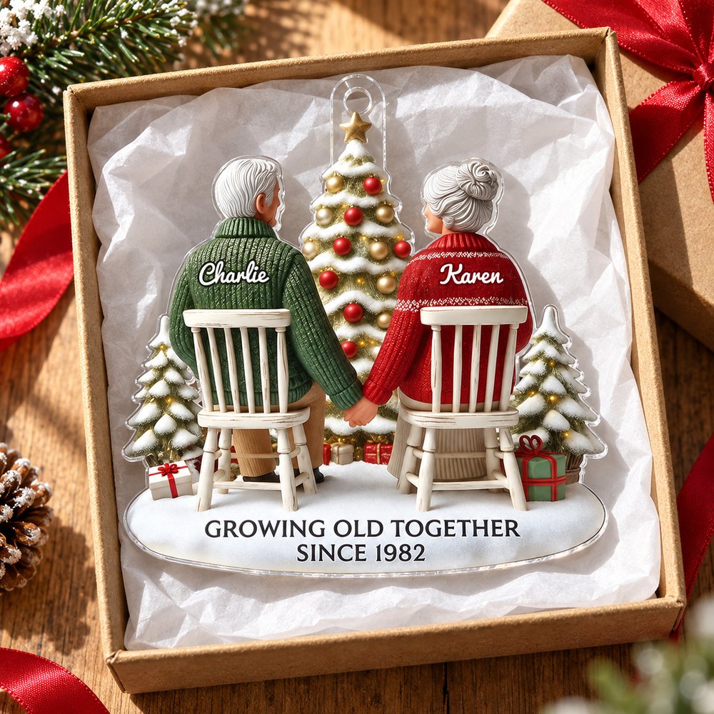 Personalized Growing Old Together acrylic ornament in open holiday gift box with red ribbon
