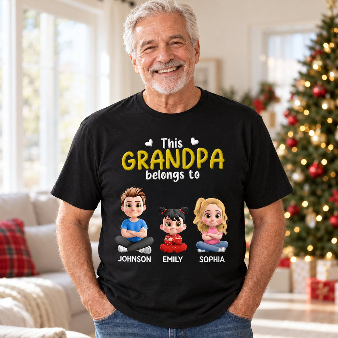Grandpa wearing personalized This Grandpa Belongs To black t-shirt with 3D kids print in holiday living room