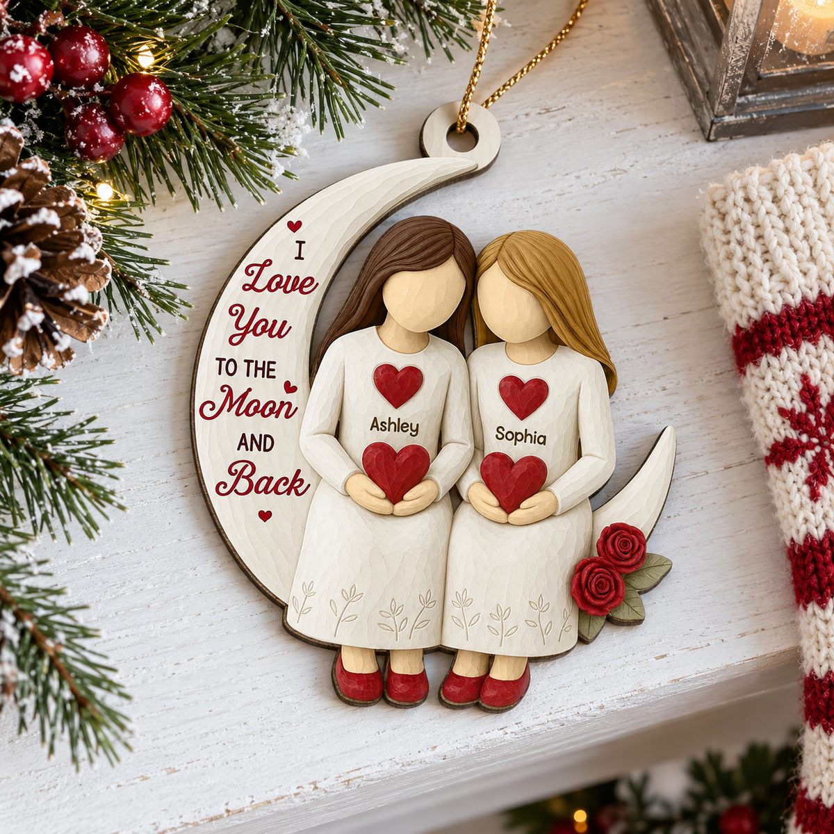 3D effect roses besties on moon personalized wood ornament on a festive Christmas mantel