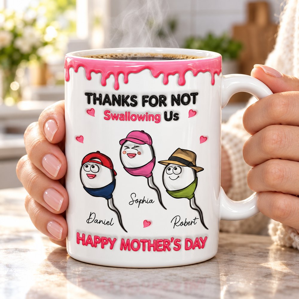 Personalized Thanks For Not Swallowing Us mug held in hands with morning coffee steam